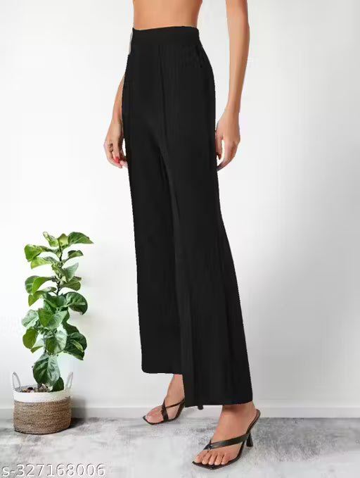 Polyester Blend Solid Women's Trousers Black Pants
