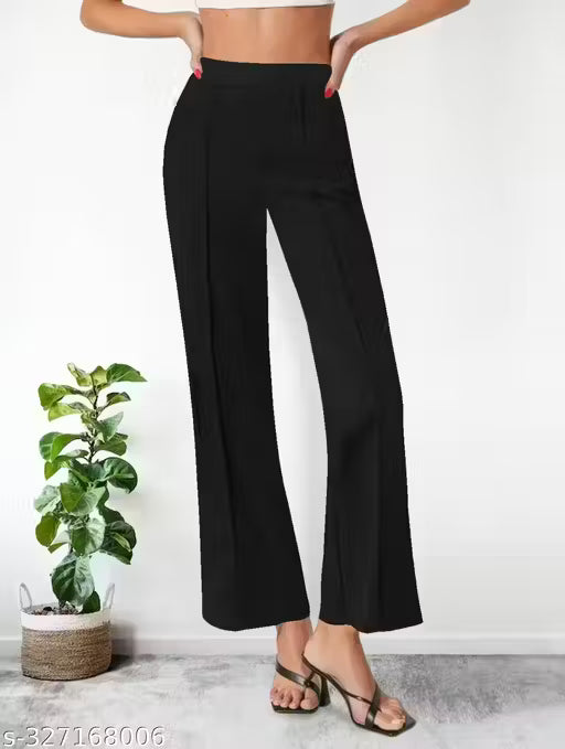 Polyester Blend Solid Women's Trousers Black Pants
