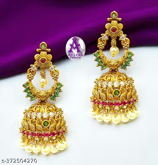 Maha Saving Offer Attractive Trendy Avirah Pearls Designer CZ Jhumkhas with Pearls Beats for Women's & Girls