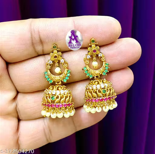 Maha Saving Offer Attractive Trendy Avirah Pearls Designer CZ Jhumkhas with Pearls Beats for Women's & Girls